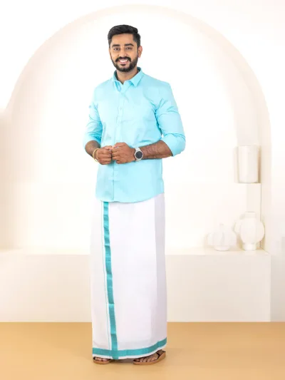 Men 100% Cotton Sky Blue Shirt and Fancy Border Dhoti Set BT5
